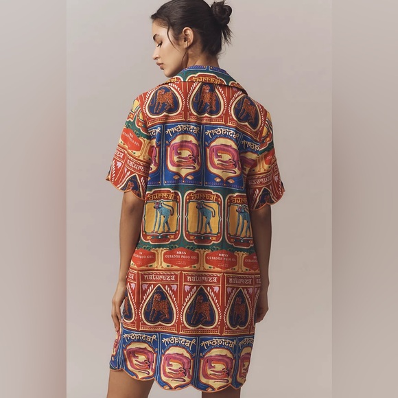 Farm Rio Graphic Scalloped Mini Shirt Dress, Size L - Picture 3 of 14